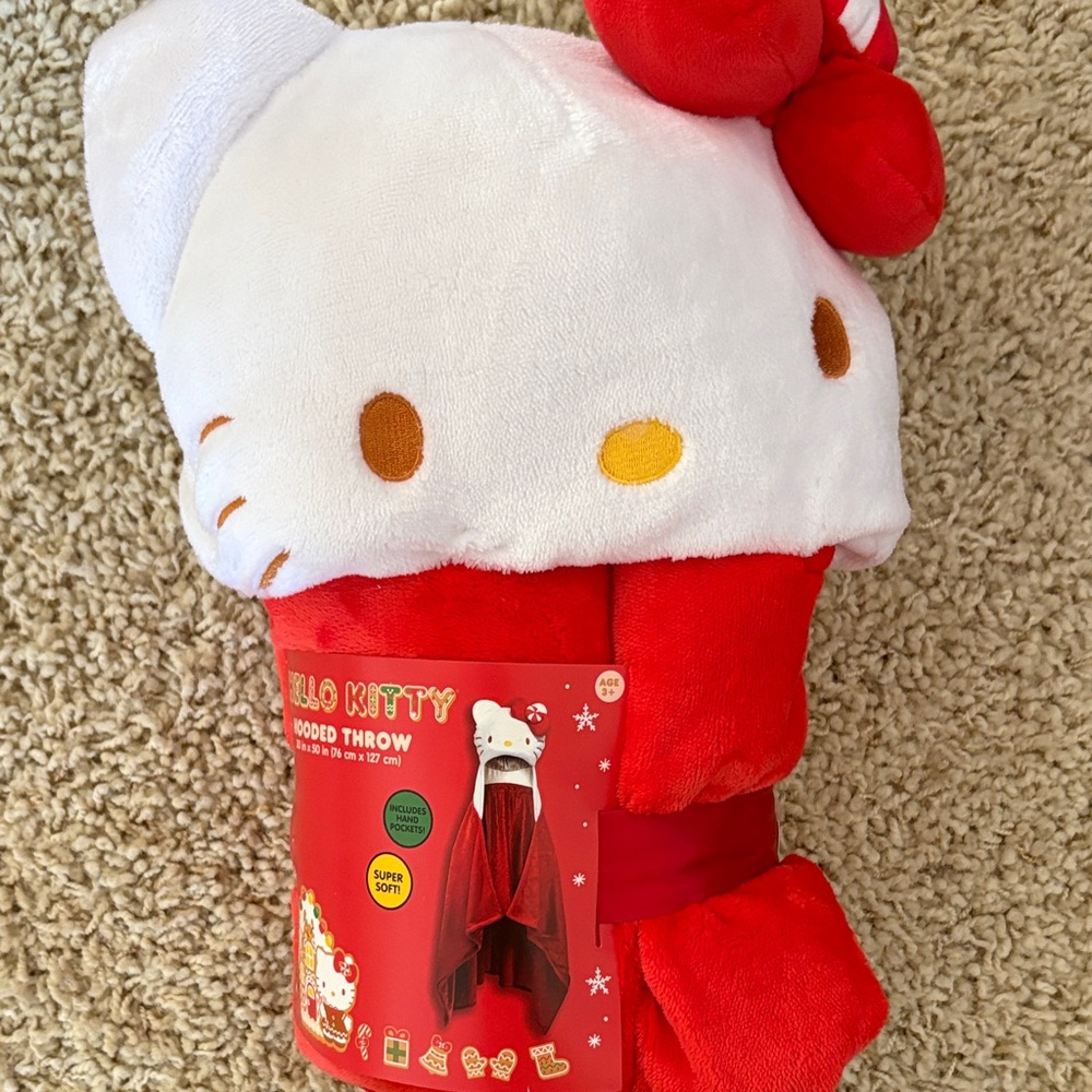 Hello Kitty Red & White Plush Hooded Throw Blanket, NWT